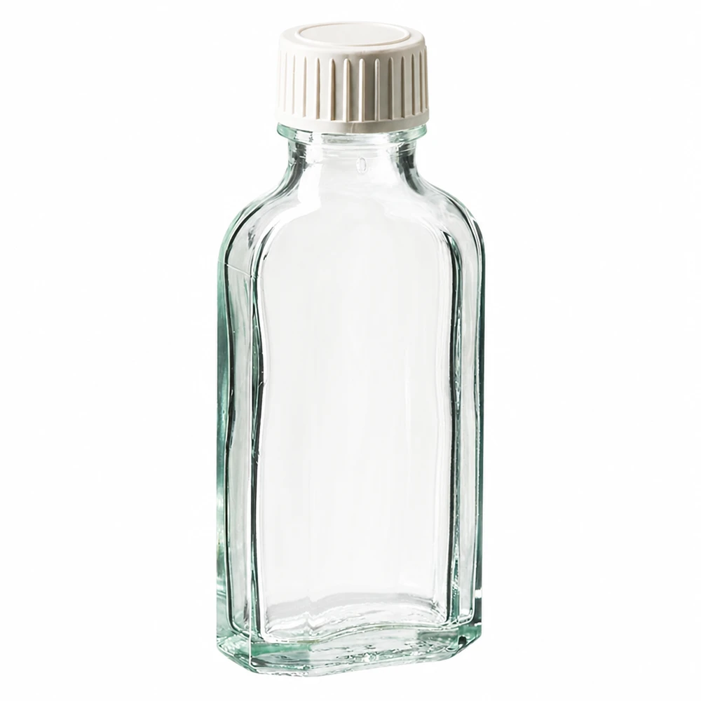 Frasco de vidro Meplat transparente de 50 ml com tampa de rosca branca e inserção de espuma de PE
