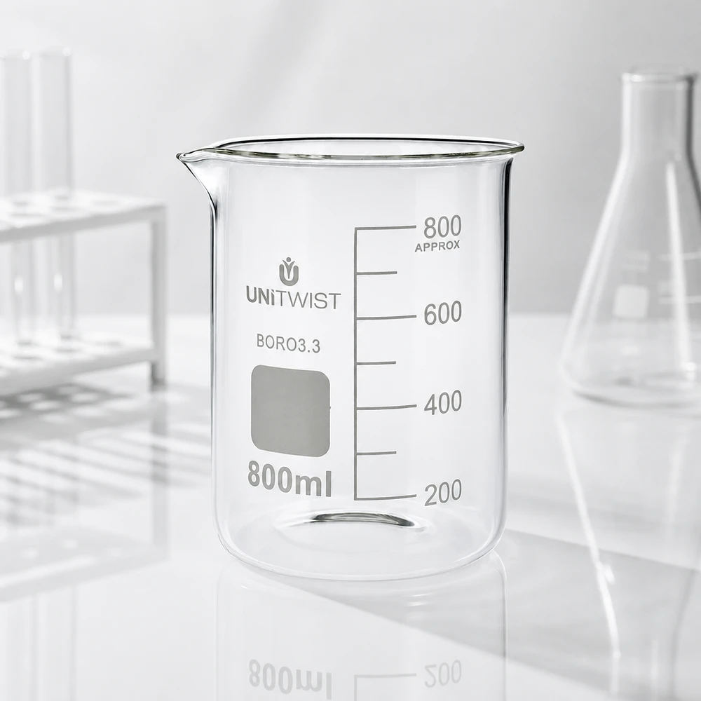 Copo 800 ml de borossilicato, baixo teor de bolor UNiTWIST Copo de vidro UNiTWIST vazio de 800 ml, borossilicato 3.3, formato baixo, com escala em ml sobre fundo branco