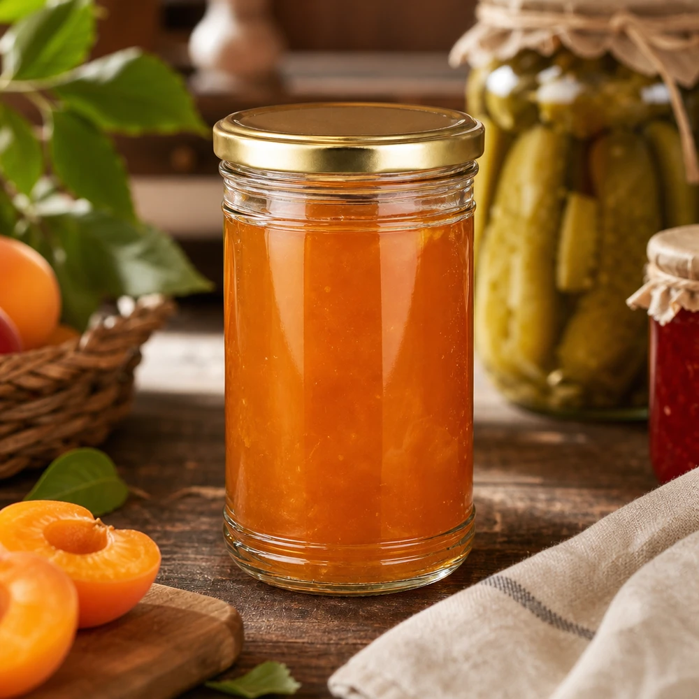 Doce de alperce caseiro num frasco de 1053 ml com uma tampa dourada numa cozinha rústica com frascos de conserva