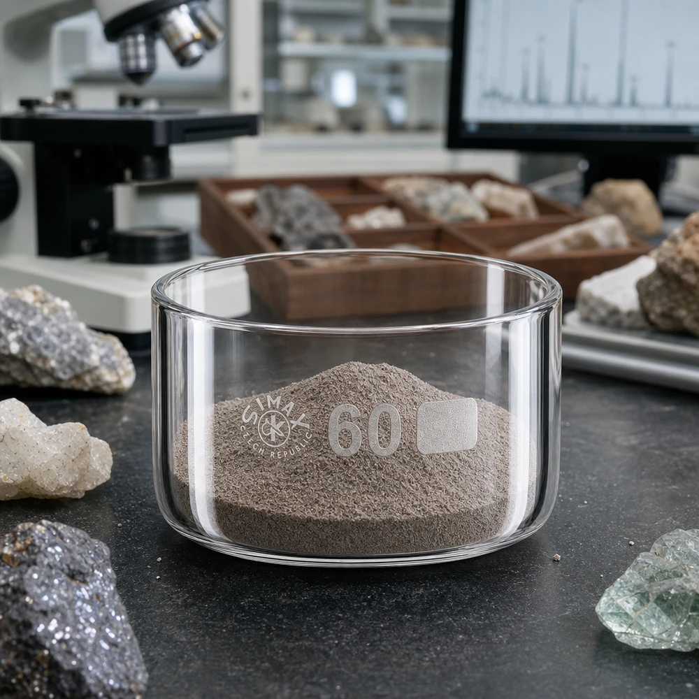 Cápsula de cristalização de 60ml sem bico em borosilicato ø60mm Recipiente de cristalização de 60 ml com um pó mineral fino sobre uma superfície escura de laboratório, rodeado por amostras de rocha