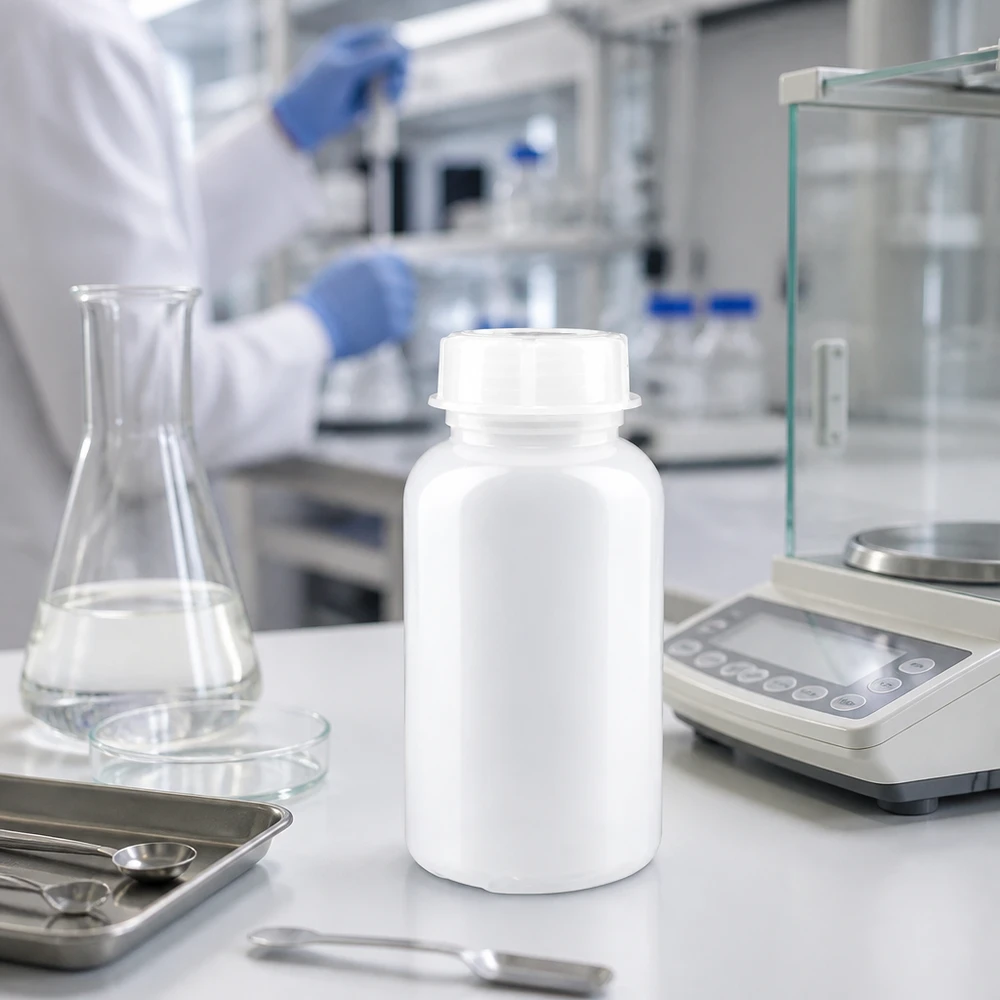 Robuste 500ml Laborflasche mit Schraubverschluss neben Präzisionswaage und Laborbesteck