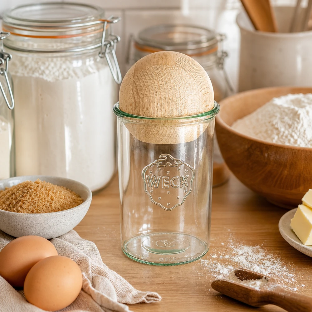 Frasco de pedreiro WECK 1000ml RR100 com tampa de faia no cenário de ingredientes de pastelaria com farinha, ovos e frascos de conserva