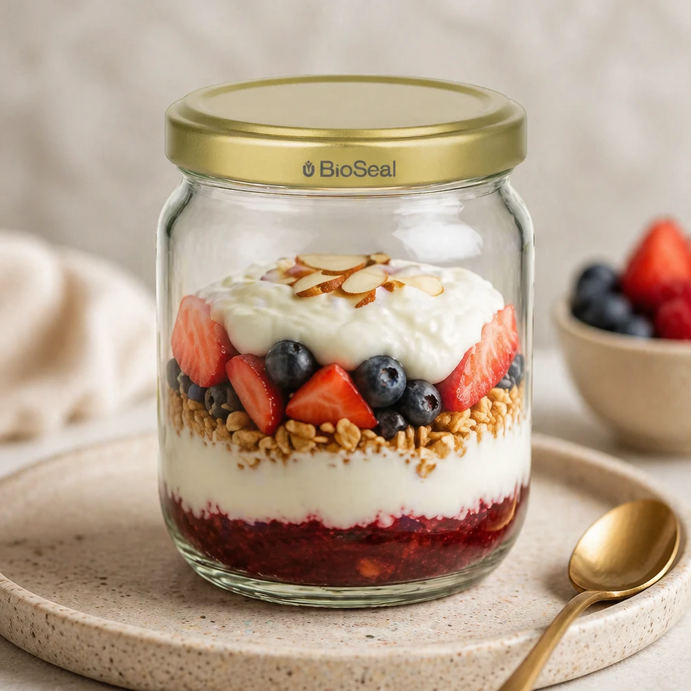 500g Honigglas mit goldenem Deckel BioSeal UNiTWIST Frasco de mel BioSeal de 500 g como recipiente de pequeno-almoço com iogurte, muesli de frutos silvestres, sobremesa em camadas e colher dourada