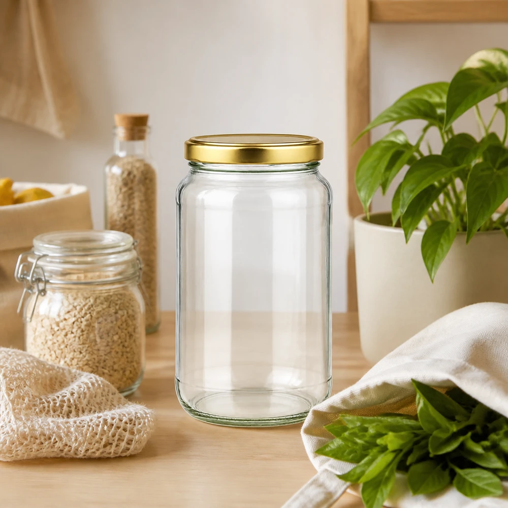 Frasco redondo de 1700 ml com tampa BasicSeal dourada UNiTWIST 1700ml Rundglas BasicSeal gold in nachhaltiger Zero-Waste Küche mit Vorratsgläsern und frischen Kräutern
