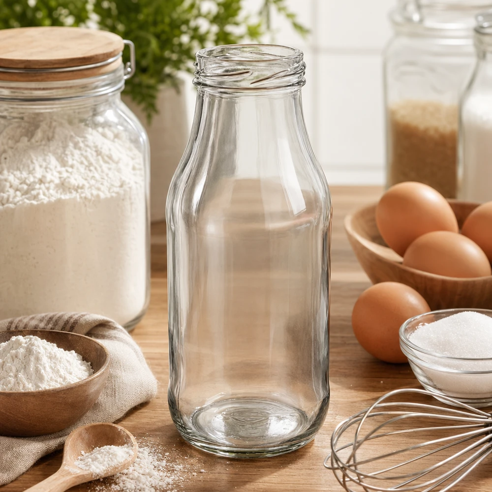 Garrafa de vidro UNiTWIST vazia de 263 ml TO43 sobre uma mesa de madeira com ingredientes de pastelaria, farinha, ovos e utensílios de cozinha