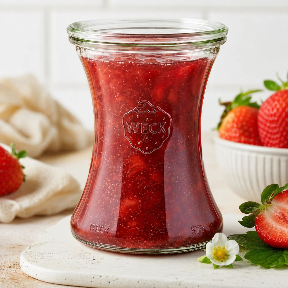 Frasco WECK delicatessen 370ml RR80 com compota de morango caseira numa tábua de mármore rodeada de morangos frescos