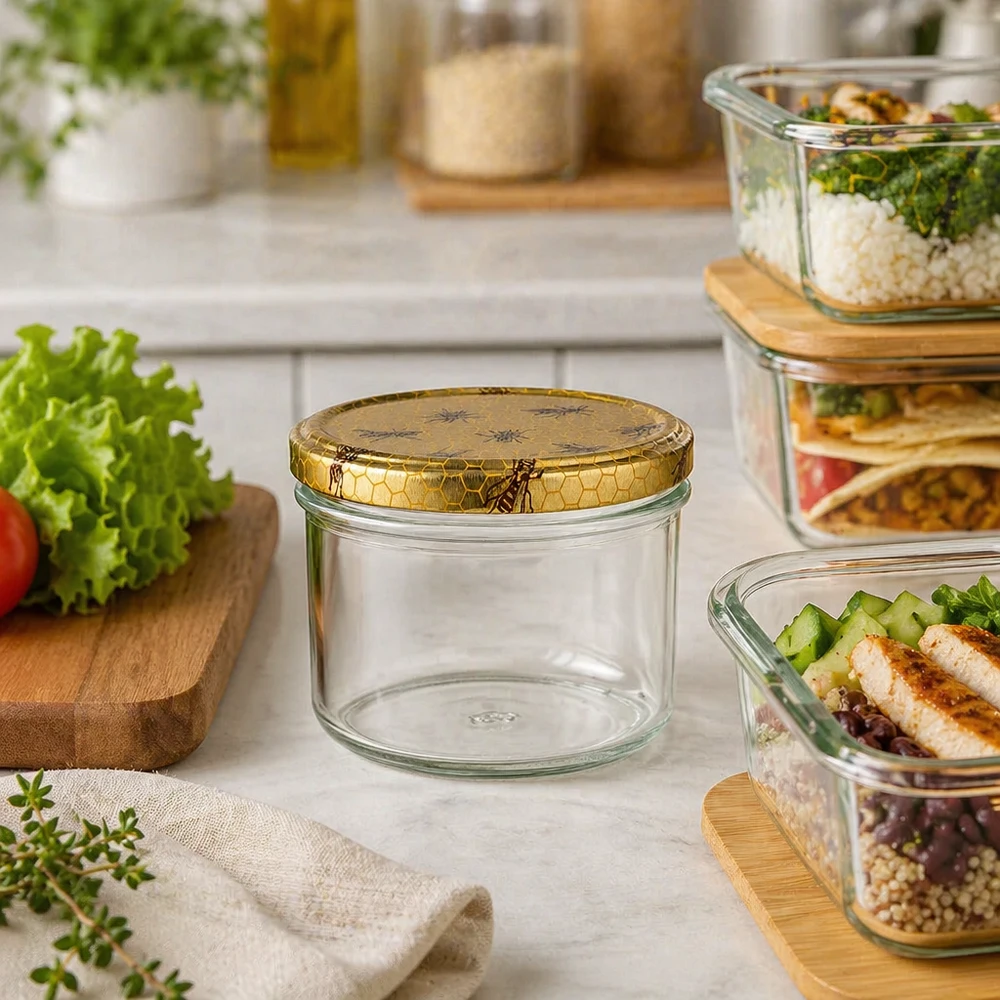250g Honigglas mit Bienenwabe Deckel BasicSeal UNiTWIST Frasco de mel de 250 g com tampa em forma de favo de mel numa cozinha moderna ao lado de caixas de preparação de refeições e ingredientes frescos