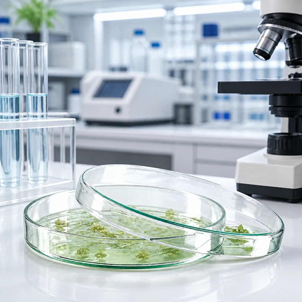 Placa de Petri de vidro 120x20mm Petris de vidro de 120 x 20 mm com culturas de plantas verdes em solução nutritiva, ao lado de um microscópio no laboratório