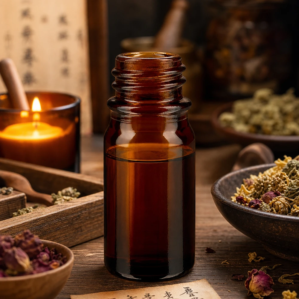 Frasco conta-gotas de 5 ml DIN 18 em vidro âmbar Frasco de farmácia castanho de 5 ml ApoGlas com caracteres de ervas chinesas e caraterísticas da medicina tradicional