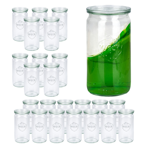 Conjunto de 24 frascos Weck frascos cilíndricos de 340 ml com 24 tampas de vidro Conjunto de 24 frascos Weck frascos cilíndricos de 340 ml com 24 tampas de vidro