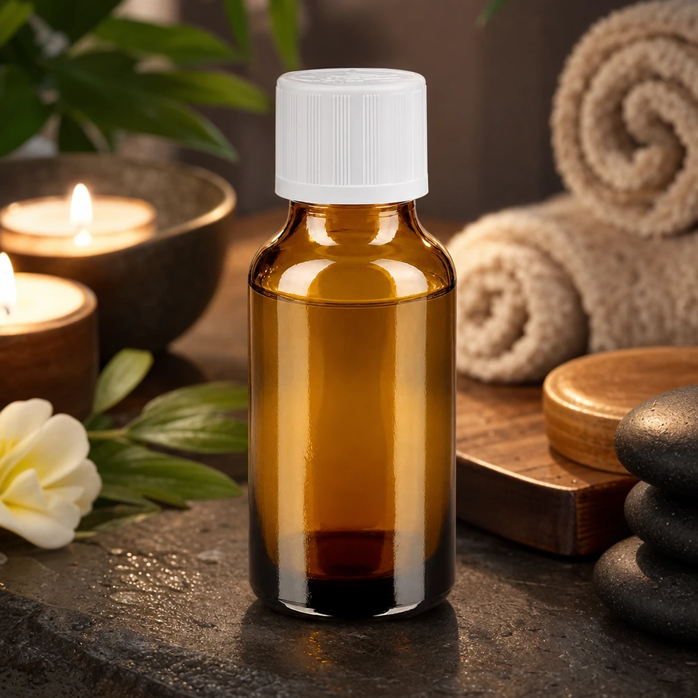 Frasco compacto de vidro castanho de 20 ml com tampa KiSi branca, ao lado de velas e pedras de massagem