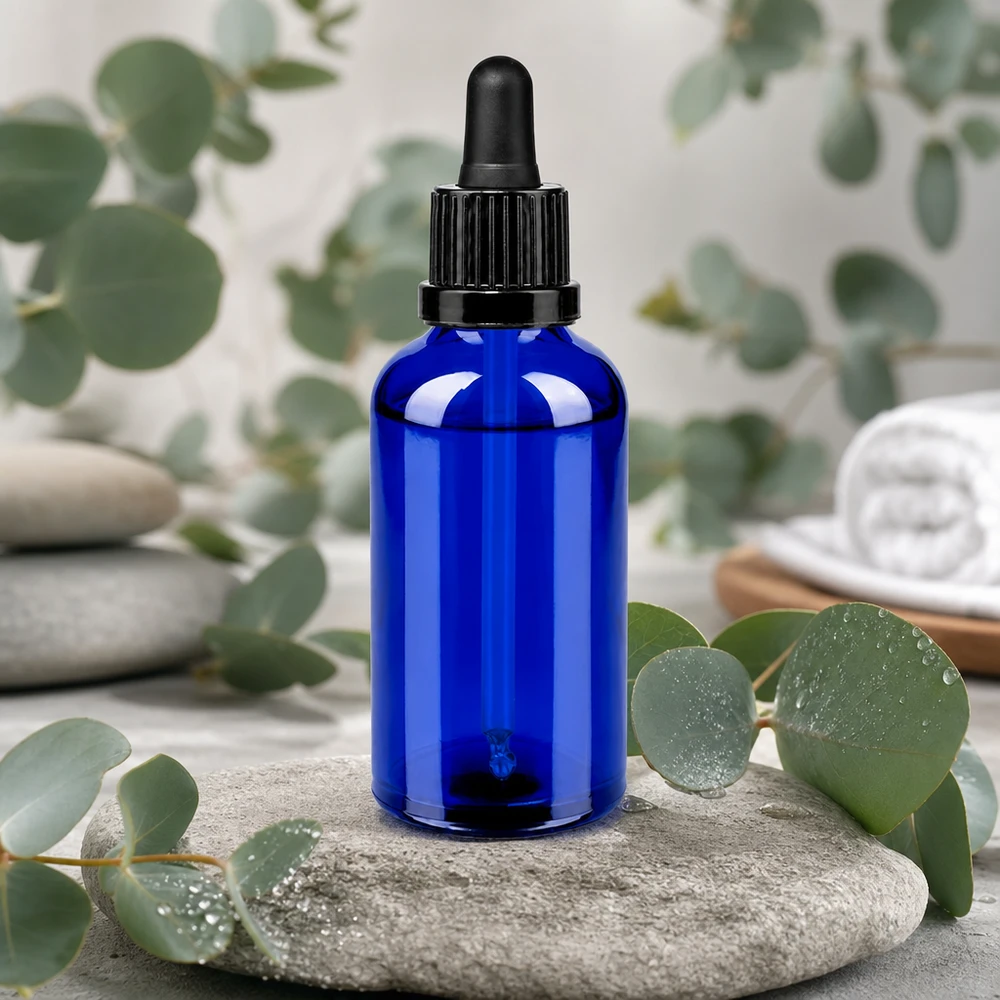 Frasco pipeta de 50 ml preto com fecho inviolável BlueLine UT18/50 Frasco de pipeta elegante de 50 ml em azul real - perfeito para aplicações de cosmética e aromaterapia