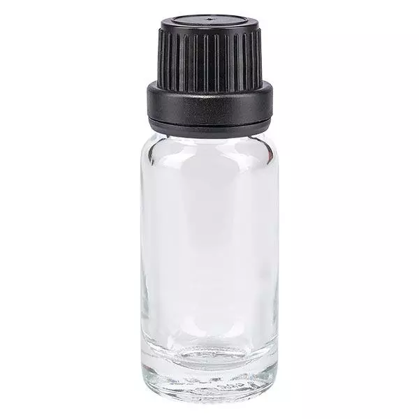 Frasco de farmácia transparente de 10 ml com tampa de conta-gotas e anel de vazamento de 2 mm preto com fecho inviolável Frasco de farmácia transparente de 10 ml com tampa de conta-gotas e anel de vazamento de 2 mm preto com fecho inviolável