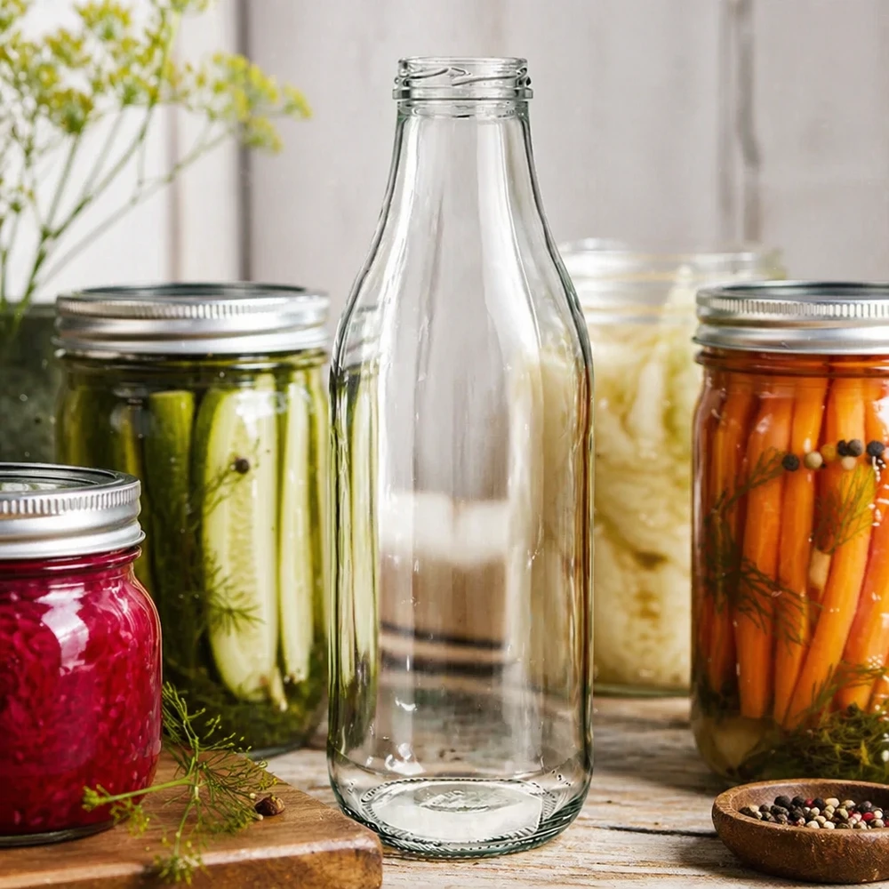 Frasco de vidro de 1000ml sem tampa (TO48) UNiTWIST Frasco de vidro de 1000 ml TO48 UNiTWIST sem tampa entre frascos de conserva com legumes em conserva Cenário de cozinha Conservação