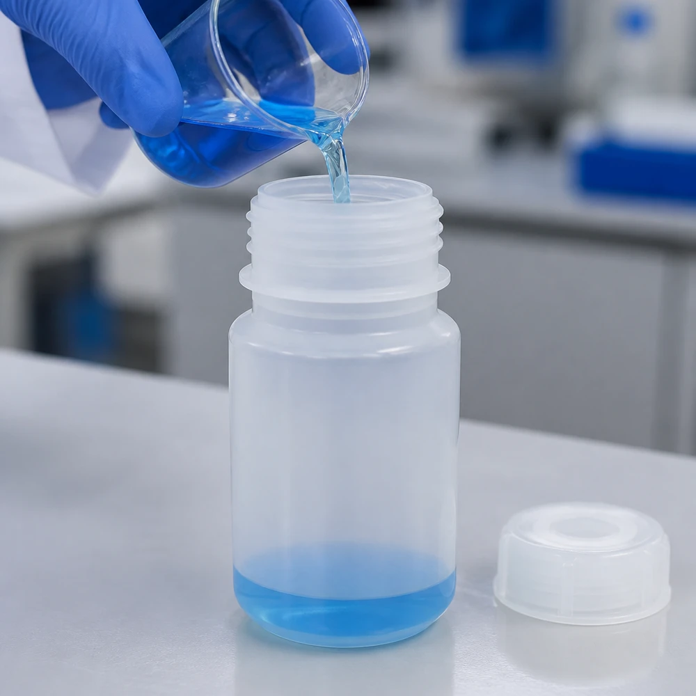 Um técnico de laboratório deita um líquido azul num frasco de laboratório de 50 ml, de boca larga, feito de plástico translúcido
