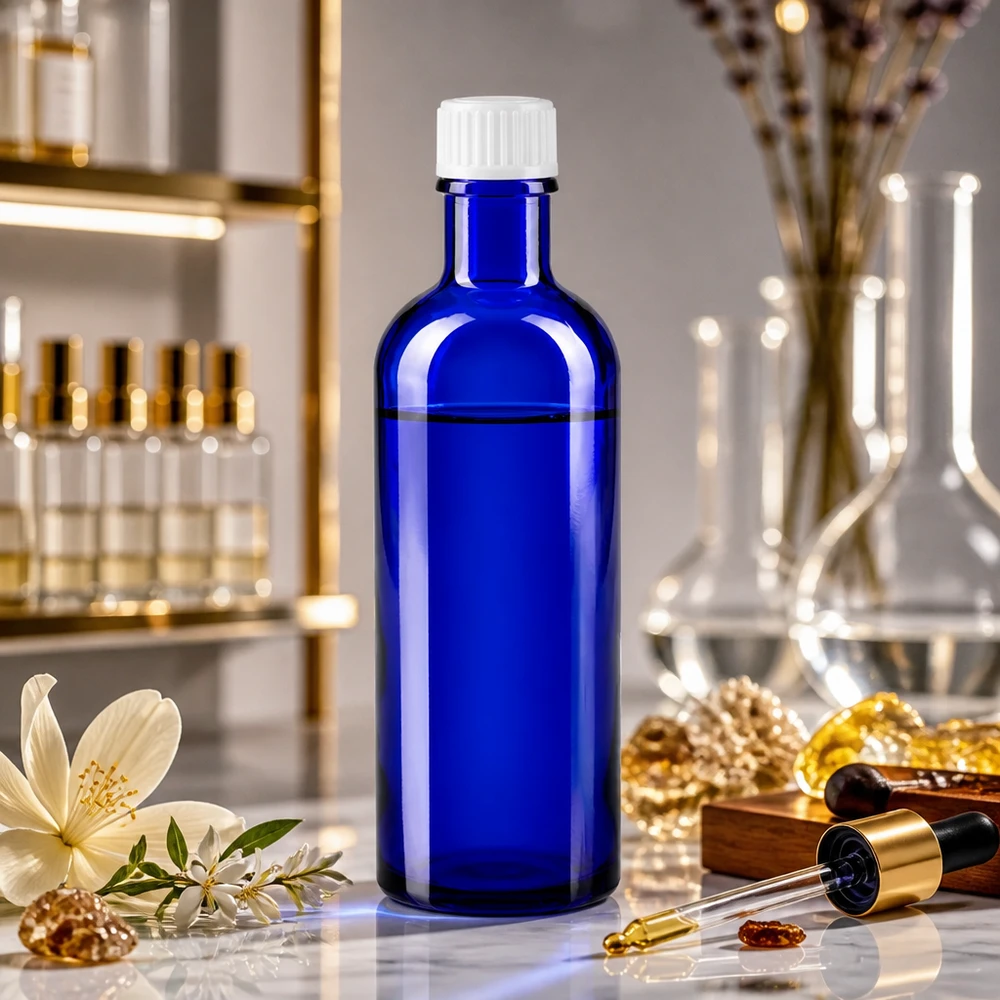 Frasco de farmácia azul 200ml tampa de rosca branca standard Frasco de farmácia azul cobalto de 200 ml com tampa de rosca branca para aplicações laboratoriais