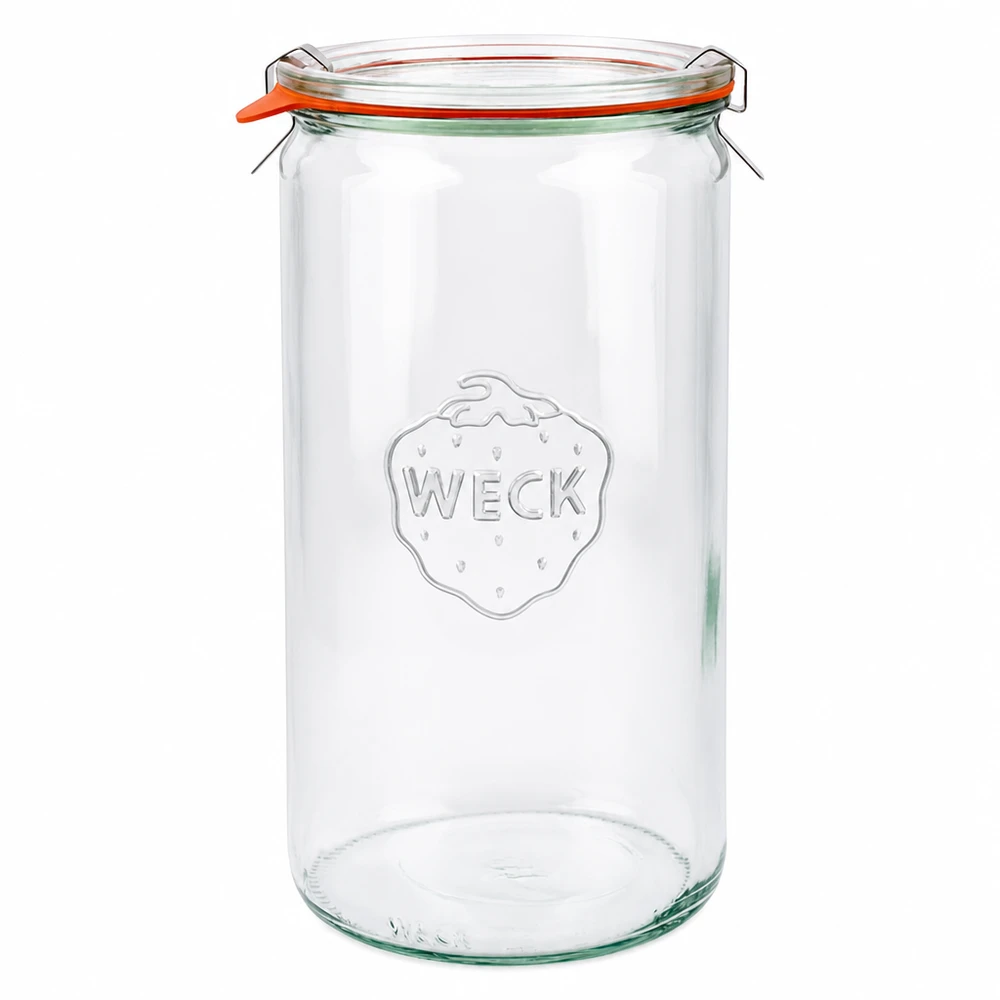 Frasco cilíndrico de 1590ml completo WECK RR100 Frasco cilíndrico WECK 1590ml RR100 com tampa de vidro, anel de borracha e braçadeiras Frasco de conserva transparente vazio