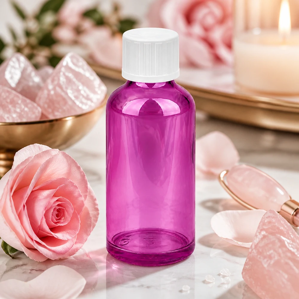 Frasco conta-gotas compacto de 50 ml com um design elegante em roxo e tampa à prova de crianças para uso doméstico
