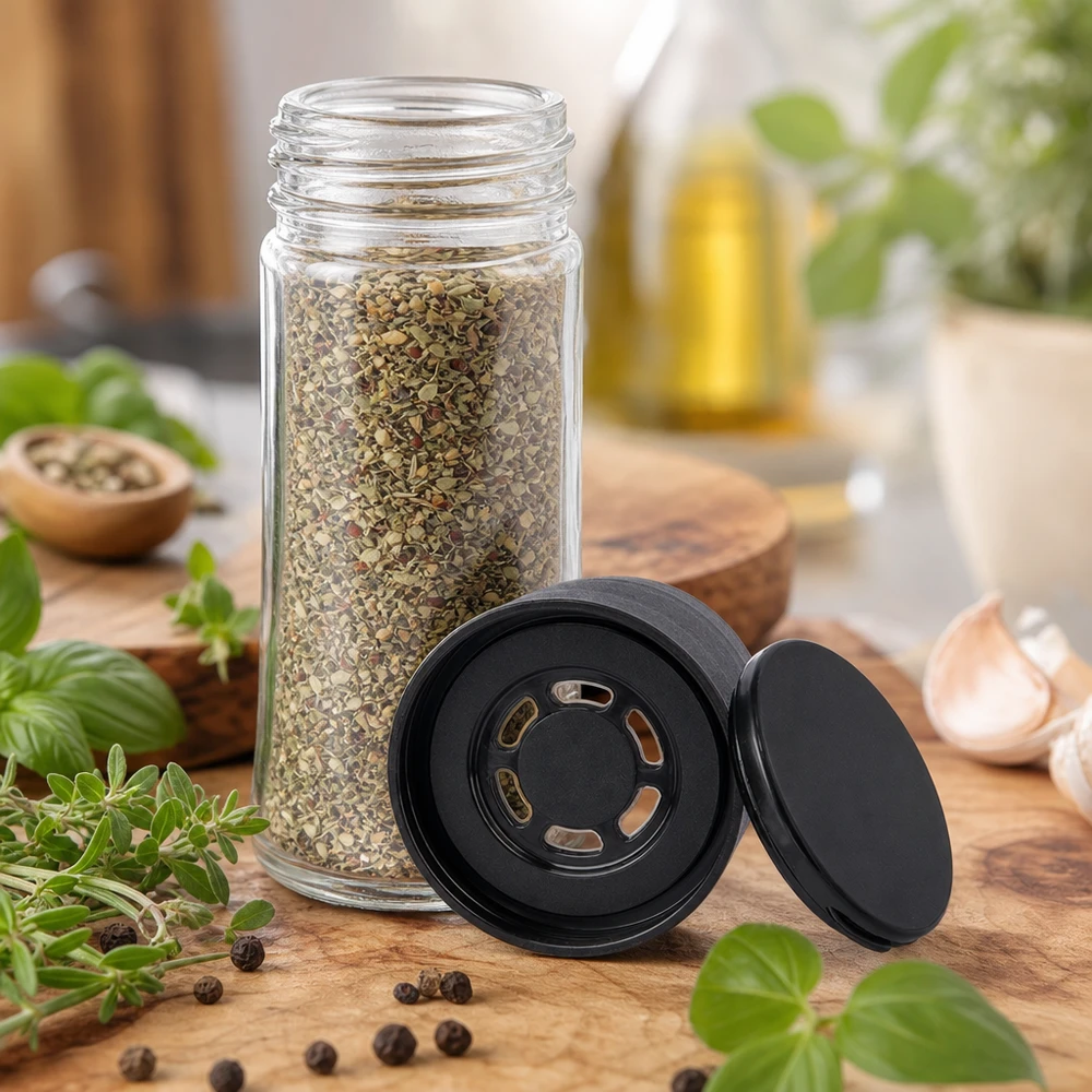 Frasco para sal/especiarias de 95 ml com moinho (grão grosso), preto Frasco de especiarias aberto de 95 ml com tampa moedora preta removível sobre uma tábua de madeira