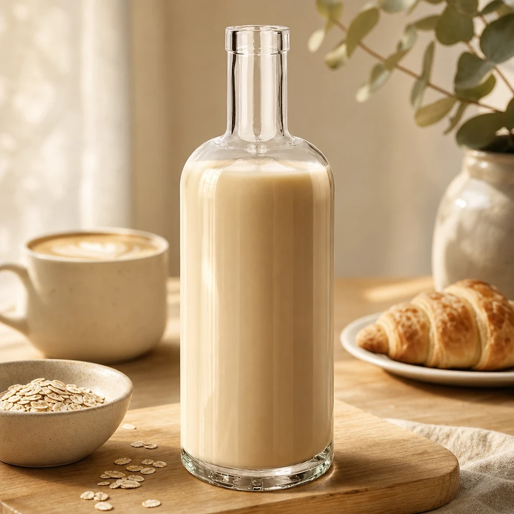 750ml Glasflasche "Attila" ohne Verschluss UNiTWIST® Garrafa de vidro de 750 ml de Emma cheia de leite de aveia bege ao lado de uma chávena de café, croissant e papas de aveia numa mesa de madeira