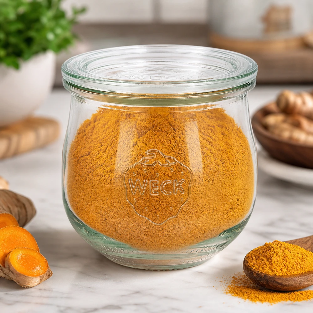 Frasco de tulipa WECK de 370 ml RR80 cheio de curcuma em pó na cozinha ao lado de raízes de curcuma e especiarias numa tábua de madeira