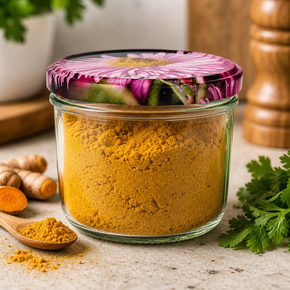 Frasco de conserva de 230 ml cheio de curcuma em pó, tampa BasicSeal com padrão floral, cena de cozinha com gengibre fresco e coentros