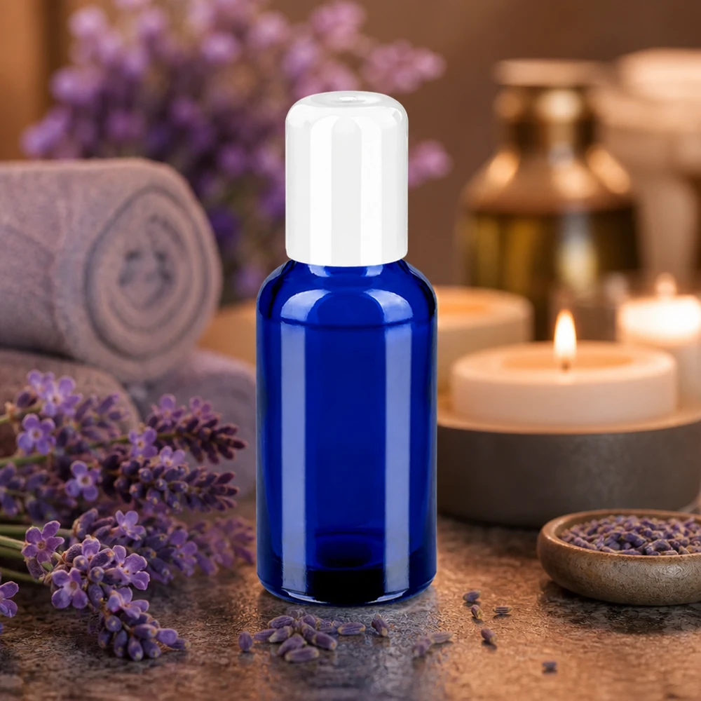Frasco roll-on compacto de 30 ml em azul-cobalto com tampa branca para aplicações de aromaterapia