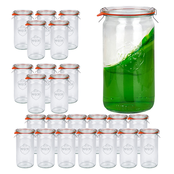 Conjunto de 24 frascos Weck frascos cilíndricos de 340 ml com 24 tampas de vidro Conjunto de 24 frascos Weck frascos cilíndricos de 340 ml com 24 tampas de vidro