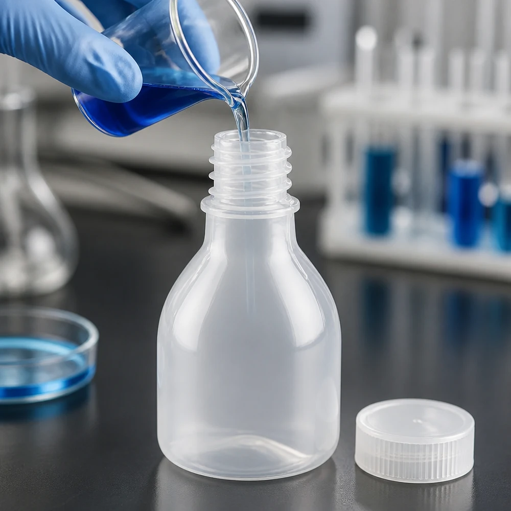 O líquido azul é vertido num frasco de laboratório de PE de 20 ml, de gargalo estreito, sem tampa