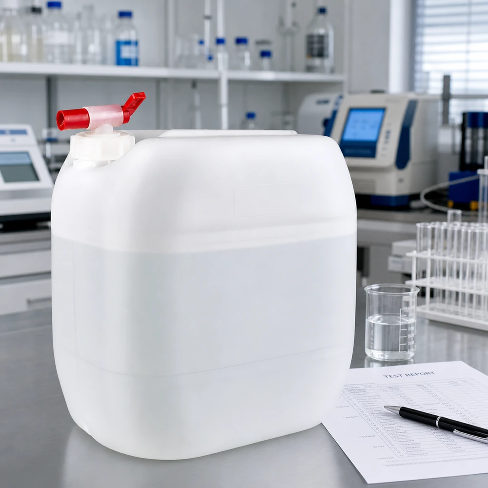 Recipiente resistente de 30 litros com torneira, ao lado de um copo de laboratório e do relatório de ensaio do laboratório