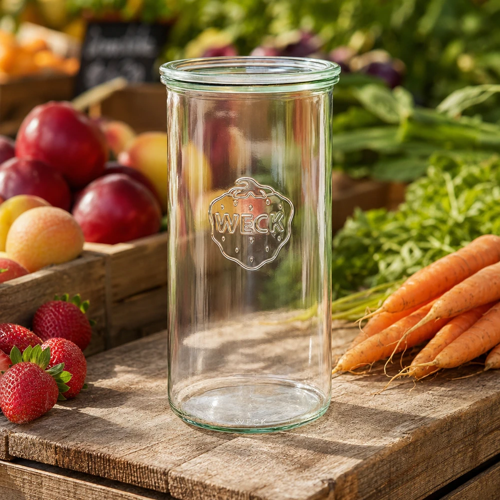 Copos WECK 1500ml RR100 em tábua de madeira com frutas frescas, legumes, morangos, cenouras, decoração natural de cozinha
