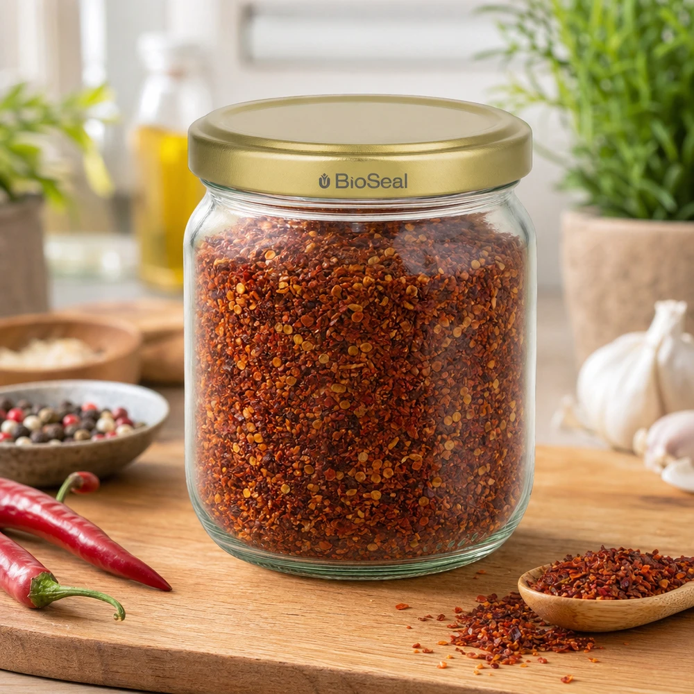 Frasco de mel BioSeal de 500 g cheio de especiarias vermelhas sobre uma tábua de madeira com malagueta e alho na cozinha