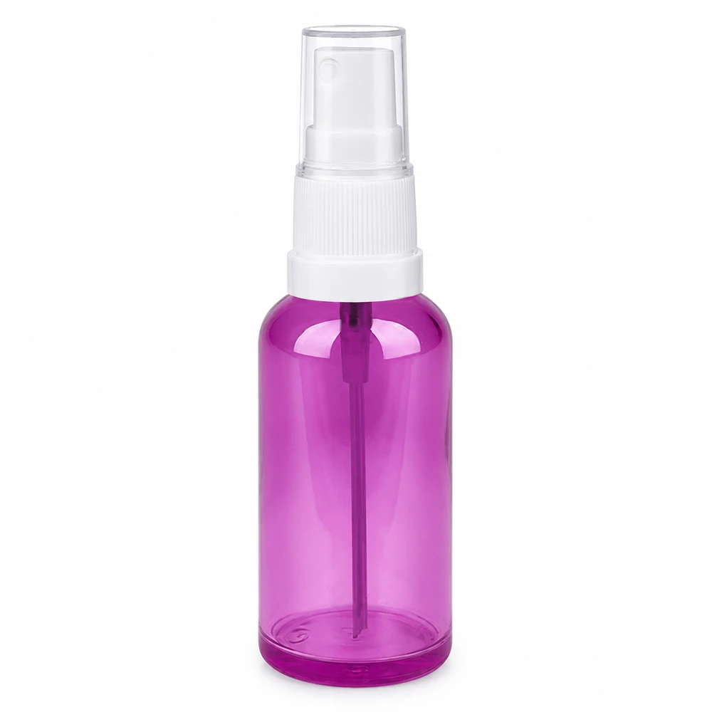 Frasco de spray de 50 ml branco/transparente Standard PurpleLine UT18/50 Frasco de spray de 50 ml transparente roxo com cabeça de bomba branca para cosméticos e produtos de cuidado