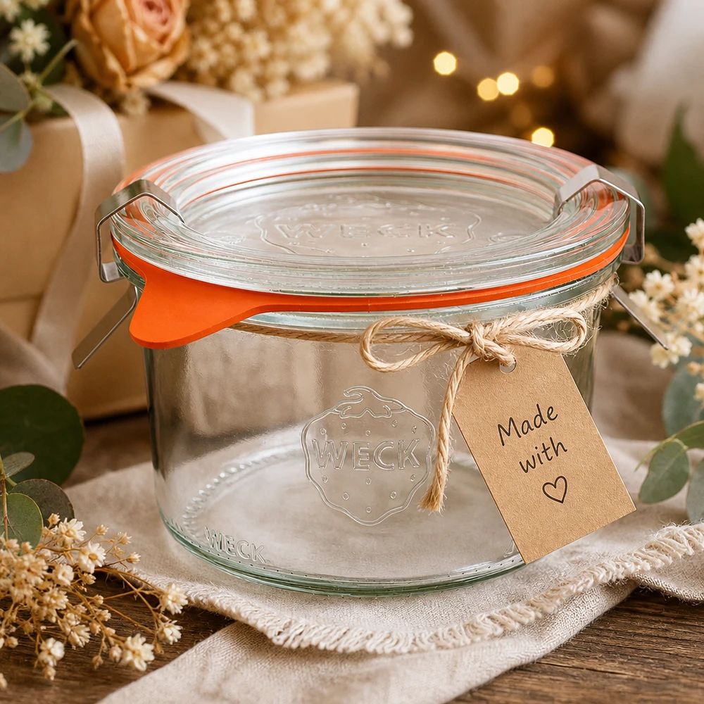 Copos de vidro de 200ml completos WECK RR80 Copos WECK RR80 de 200 ml como ideia de presente, decorados com uma etiqueta de papel kraft Made with Love e flores secas