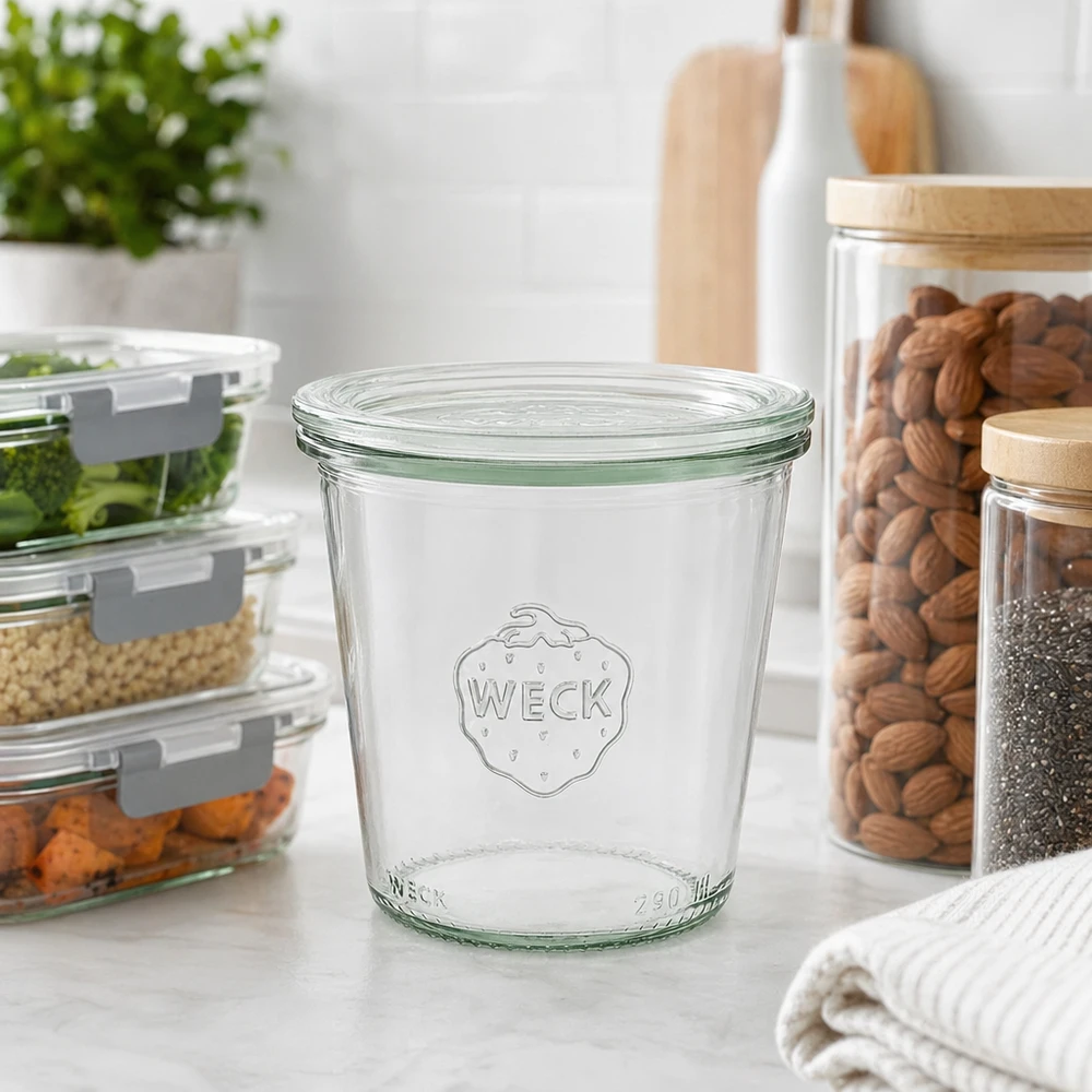 Copos WECK de 290 ml RR80 na cozinha moderna com frascos de arrumação para frutos secos e alimentos