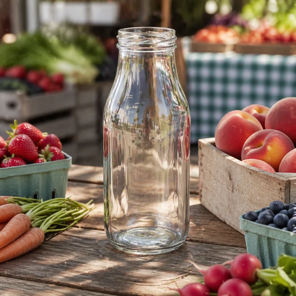 Frasco de 263ml sem tampa (TO43) UNiTWIST Leere Glasflasche 263ml auf Holztisch mit frischem Obst und Gemüse - ideal für Säfte Smoothies und Getränke