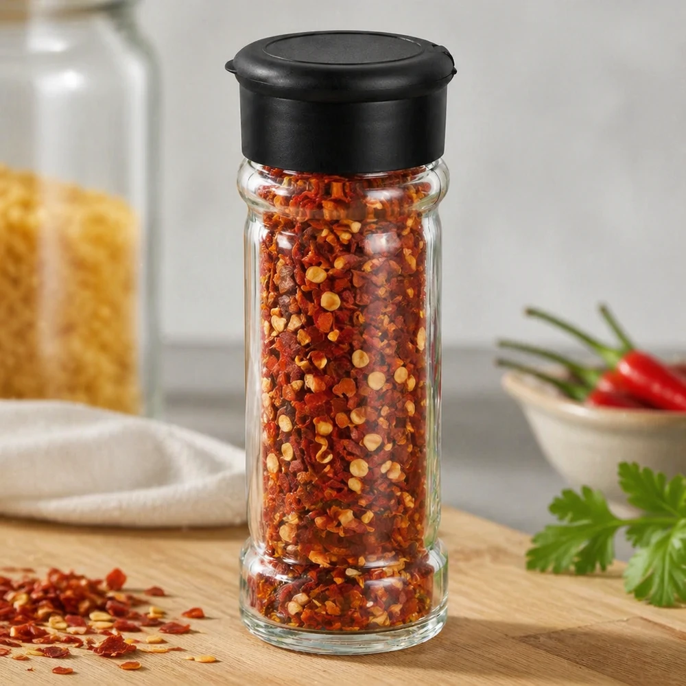 Frasco para sal/especiarias de 100 ml com espalhador, preto Frasco de flocos de malagueta de 100 ml com tampa dosadora preta, sobre uma tábua de madeira, ao lado de malaguetas frescas