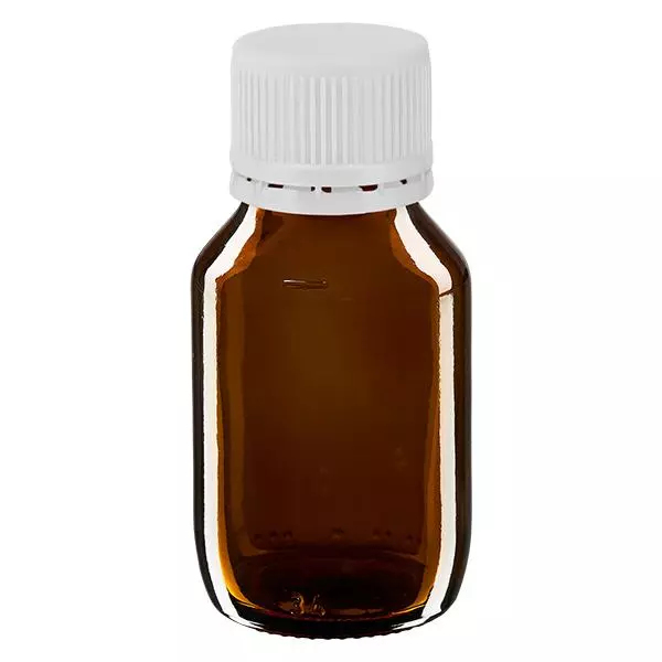 Frasco de medicamento de 50ml castanho, tampa branca com anel inviolável ApoGlas Frasco de medicamento de 50ml castanho, tampa branca com anel inviolável ApoGlas