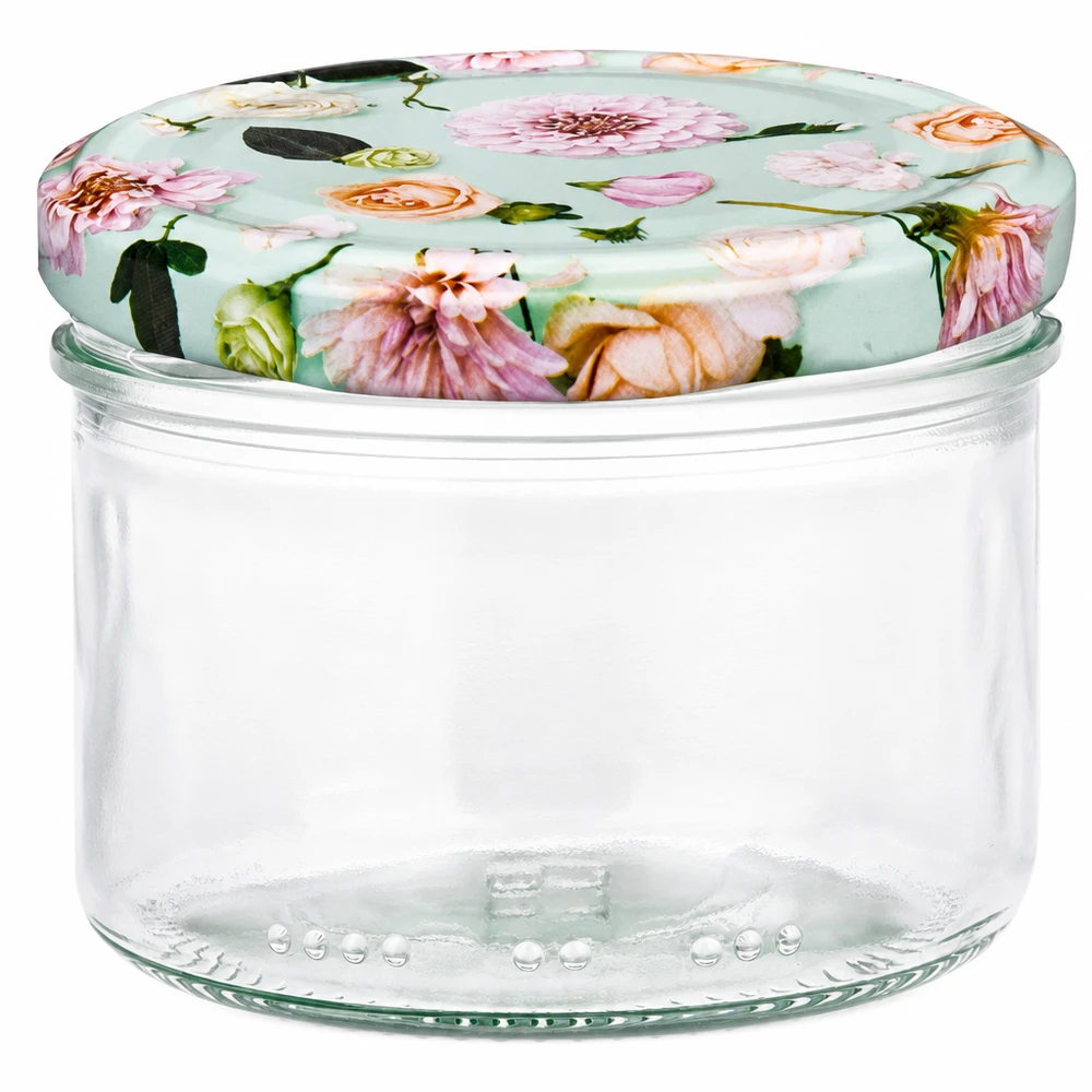 Frasco cilíndrico de 230 ml com tampa BasicSeal flor de menta - frasco de arrumação redondo com padrão floral sobre fundo verde menta