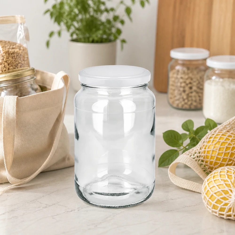 Frasco redondo de 1700 ml com tampa BasicSeal em cozinha sustentável sem desperdício com sacos de rede e frascos de armazenamento