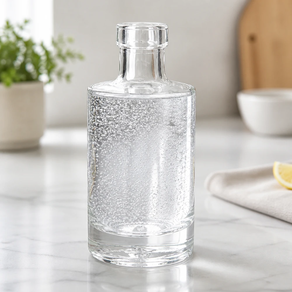 200ml Glasflasche "Marie" ohne Verschluss UNiTWIST Garrafa de vidro de 200 ml Marie cheia de água com gás em cima de um balcão de mármore Garrafa de água de cozinha moderna paisagem de estilo de vida