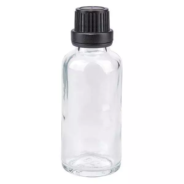 Frasco de farmácia 30ml transparente com tampa de rosca preta com fecho inviolável Frasco de farmácia 30ml transparente com tampa de rosca preta com fecho inviolável