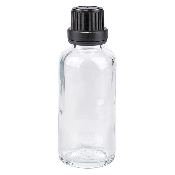 Frasco de farmácia 30ml transparente com tampa de rosca preta com fecho inviolável Frasco de farmácia 30ml transparente com tampa de rosca preta com fecho inviolável