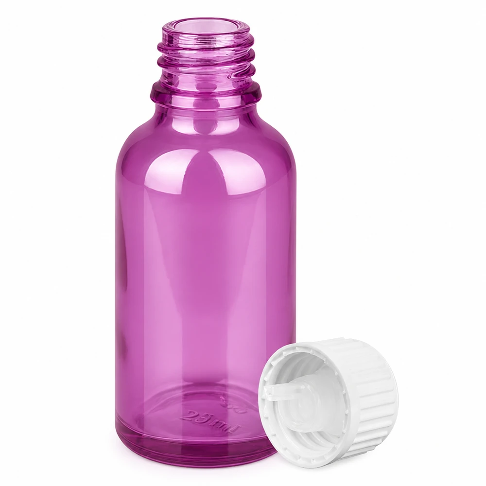 Frasco conta-gotas de 30 ml com tampa de rosca de 0,9 mm branca padrão PurpleLine. UT18/30 Frasco de vidro violeta de 30 ml com tampa de conta-gotas para óleos essenciais e cosméticos