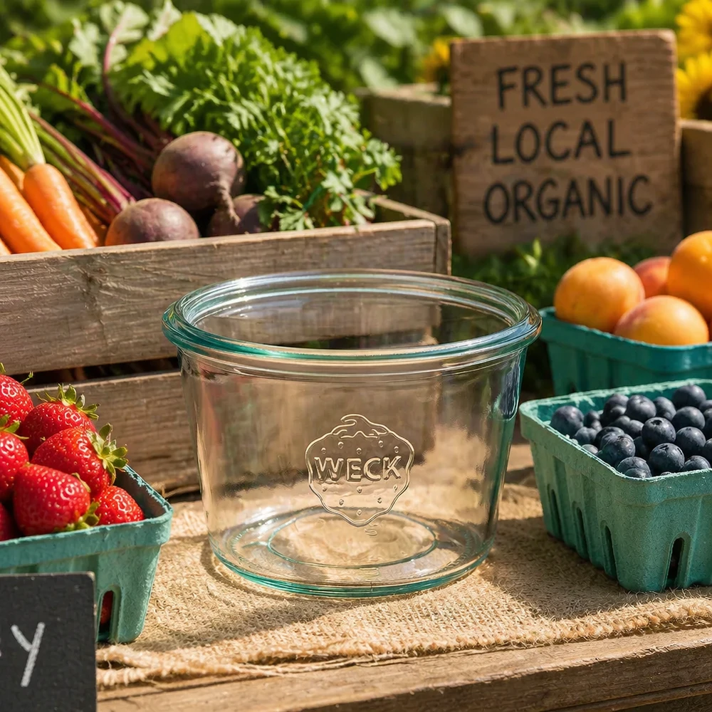 Copos WECK 370ml RR100 numa mesa de madeira com fruta biológica fresca, morangos, mirtilos e legumes