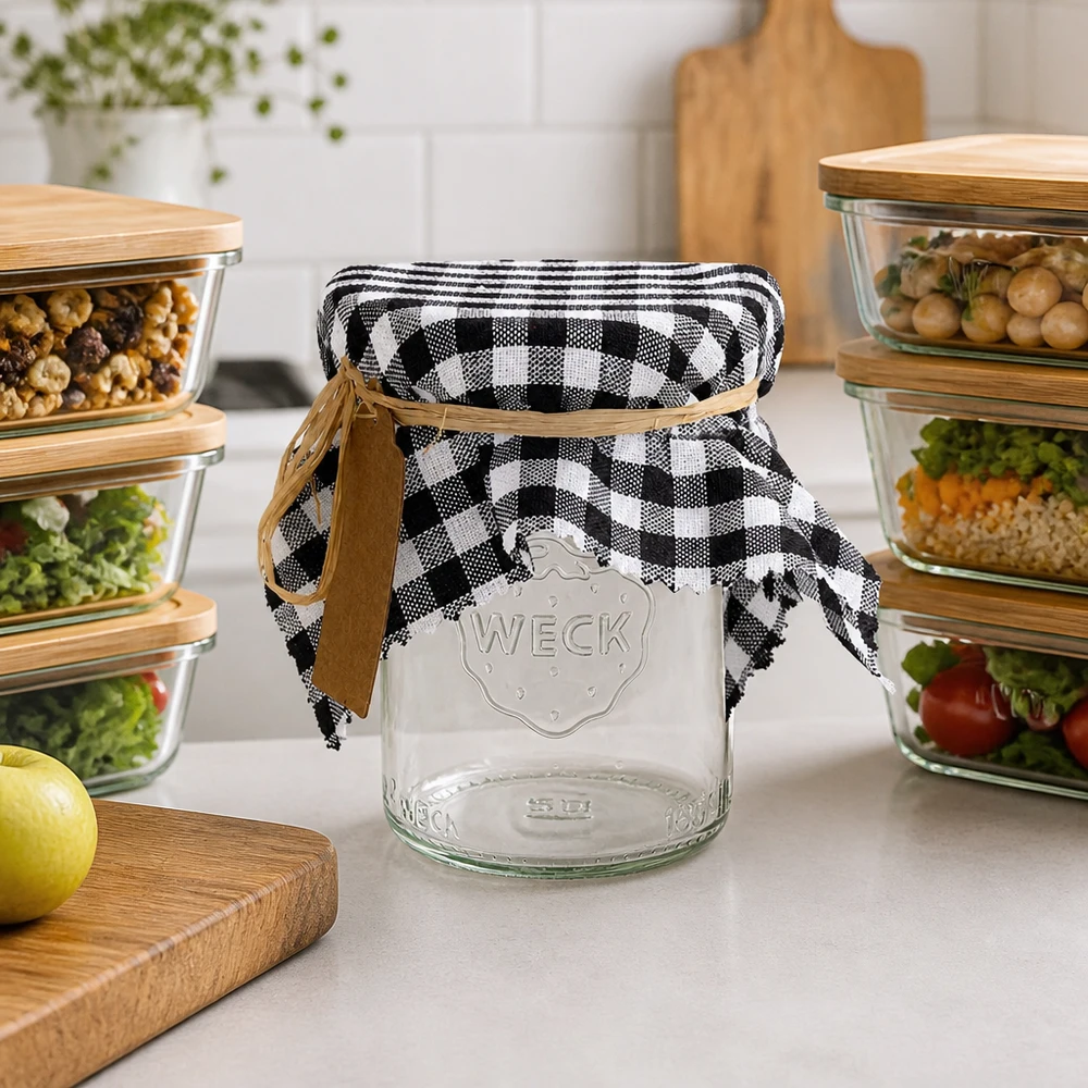 Guardanapo decorativo axadrezado a preto e branco num frasco vazio entre recipientes de arrumação Cena de cozinha 15 cm quadrados