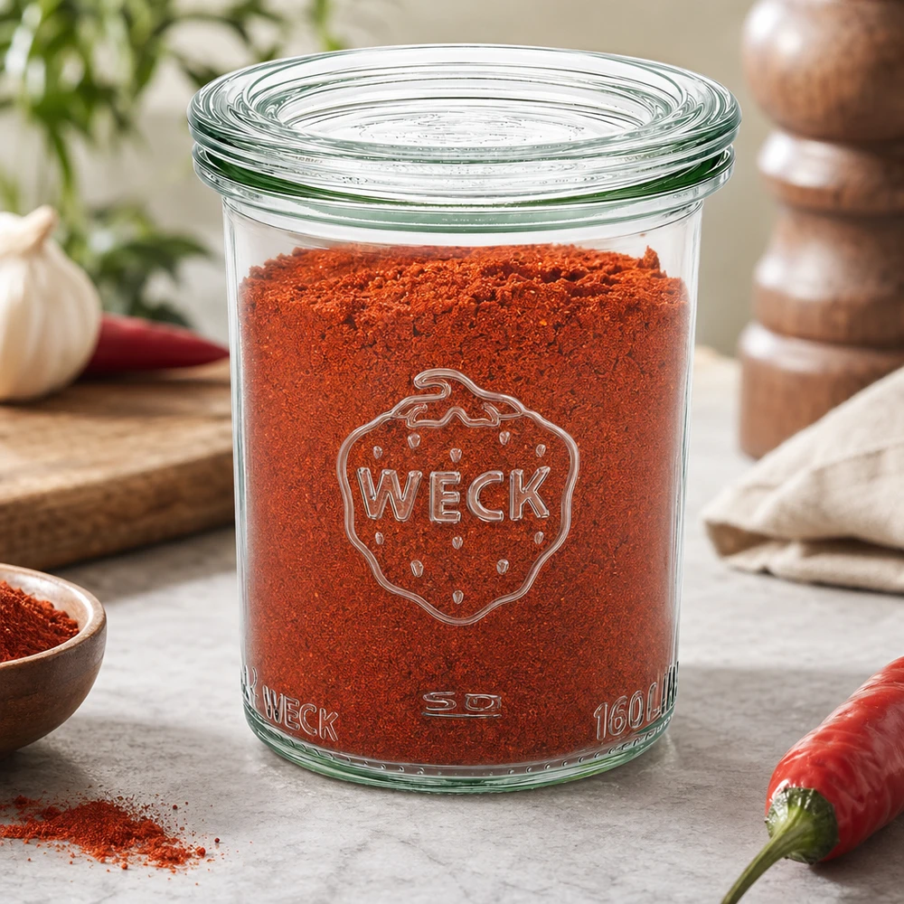 Frasco de vidro de 160 ml com tampa de vidro WECK RR60 Frasco de 160 ml RR60 da WECK cheio de pó de paprica vermelha na cozinha com malagueta, alho e moinho de especiarias
