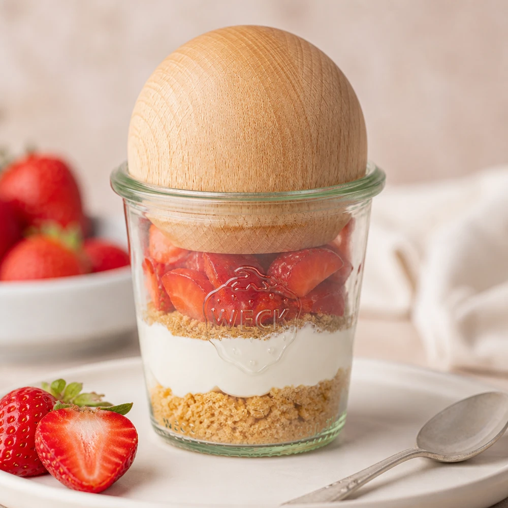 290ml Sturzglas hoch WECK RR80 mit Holzkugel Buche Copo WECK 290ml RR80 com base de biscoito de morangos e creme e rolha de faia
