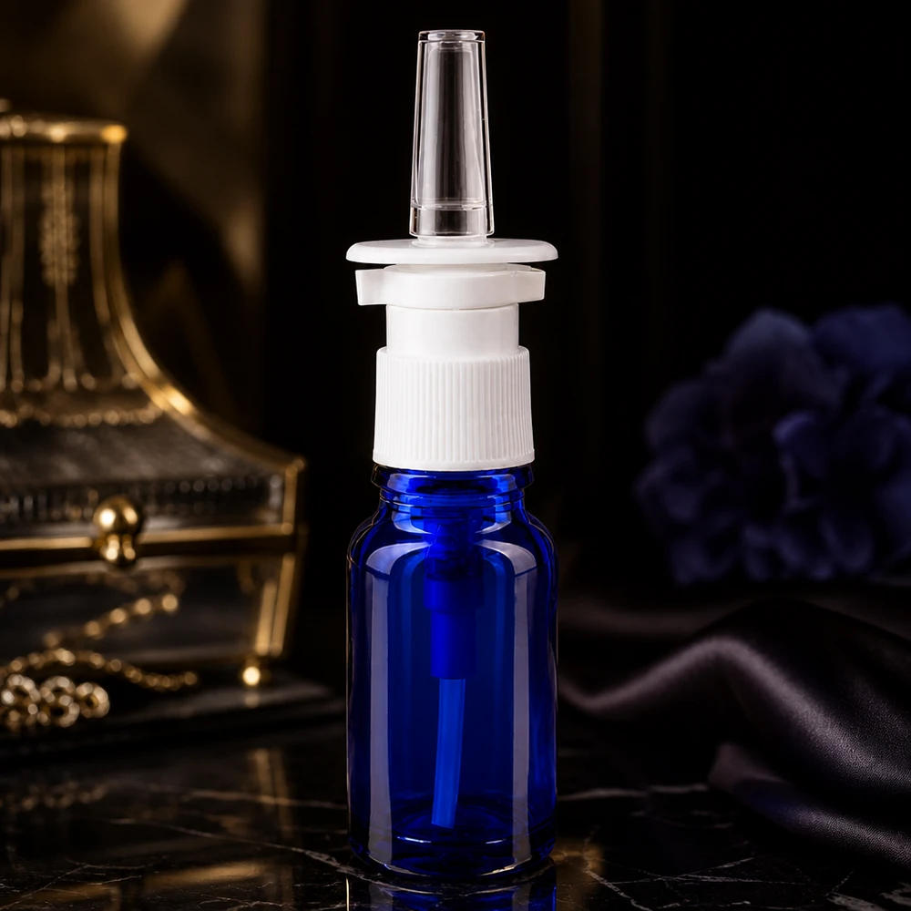 Frasco de farmácia azul 10ml atomizador nasal branco padrão Frasco de spray nasal de 10 ml em vidro farmacêutico azul cobalto, com tampa de rosca branca e bico transparente