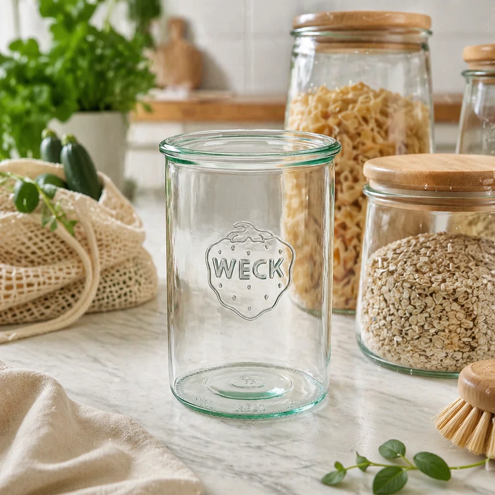 Frasco de vidro de 1000 ml WECK RR100 Frasco de vidro para arrumação WECK 1000ml RR100 com logótipo na cozinha sustentável com frascos de arrumação e alimentos biológicos
